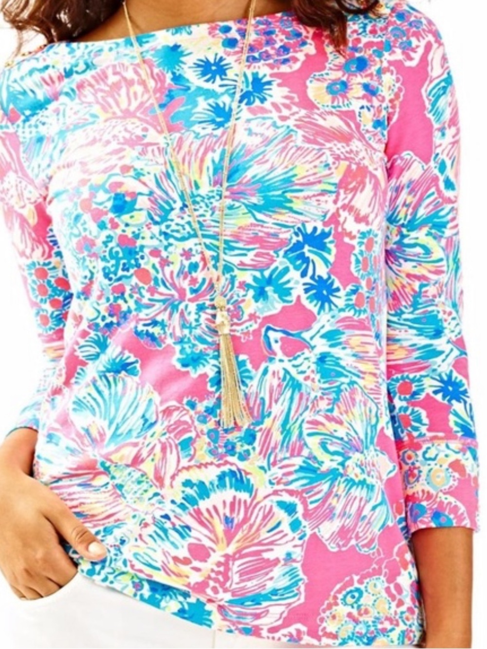 Lilly Pulitzer fish print Bright Pink Floral Long-Sleeve Women's Top